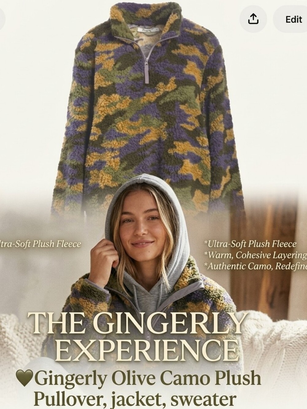 🩵Gingerly Olive Camo Plush Pullover, jacket, sweater